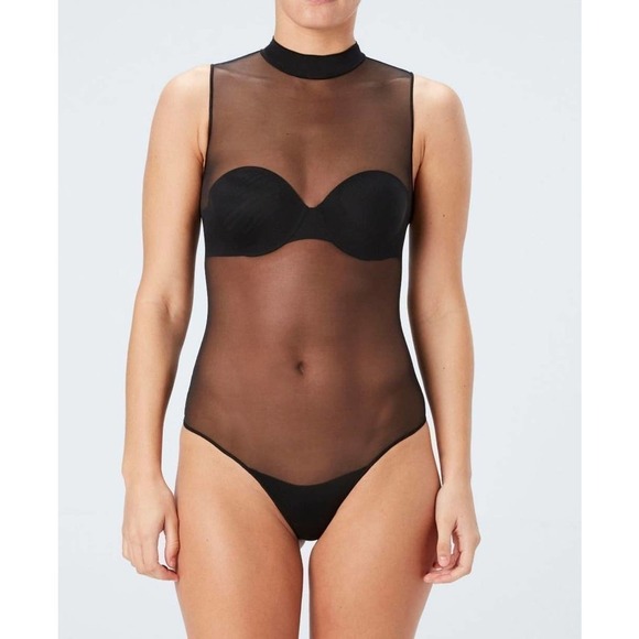 Spanx Sheer Fashion Mesh Mock Neck Keyhole Back Thong Bodysuit Very Black M - Picture 1 of 14